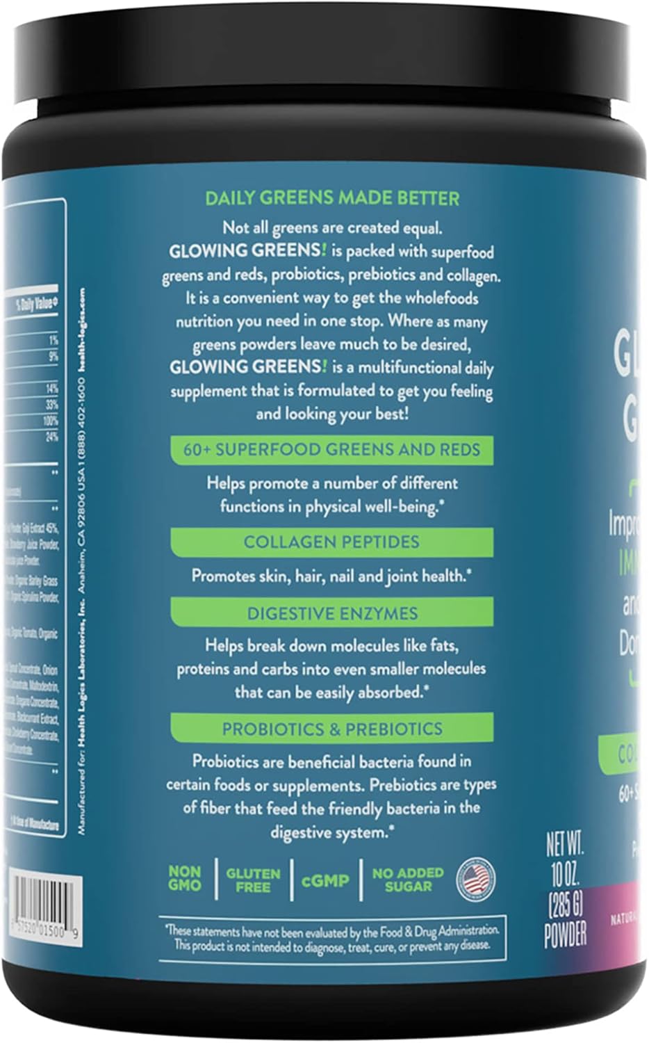 Health Logics Glowing Greens Superfood Powder with Collagen Peptides Digestive Enzymes Prebiotics and Probiotics – Antioxidant Improve Wellness Immune Digestive and Gut Health Support
