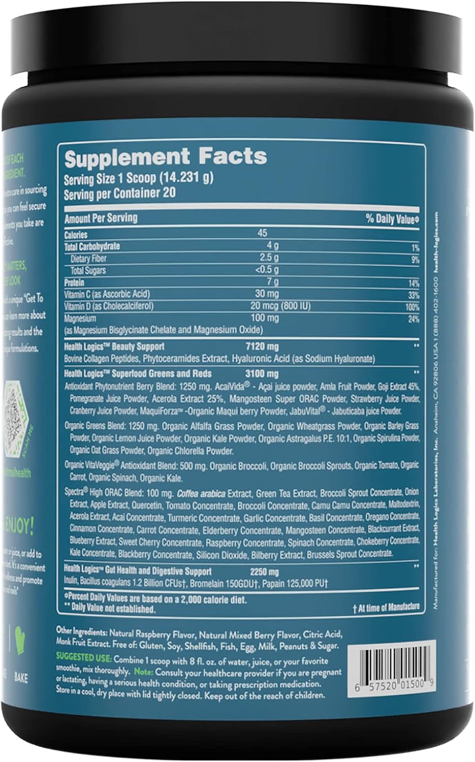 Health Logics Glowing Greens Superfood Powder with Collagen Peptides Digestive Enzymes Prebiotics and Probiotics – Antioxidant Improve Wellness Immune Digestive and Gut Health Support