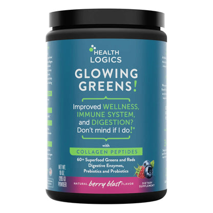 Health Logics Glowing Greens Superfood Powder with Collagen Peptides Digestive Enzymes Prebiotics and Probiotics – Antioxidant Improve Wellness Immune Digestive and Gut Health Support